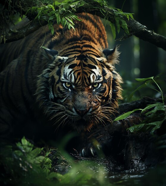 El tigre siberiano de primer plano caminando por el camino a través del bosque oscuro