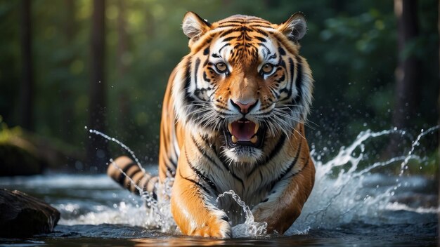 Foto el tigre siberiano salpica el agua la escena de la vida silvestre del tigre