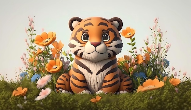 Un tigre se sienta en un campo de flores.