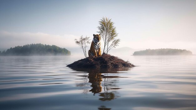 Un tigre se sienta en una pequeña isla en el agua.