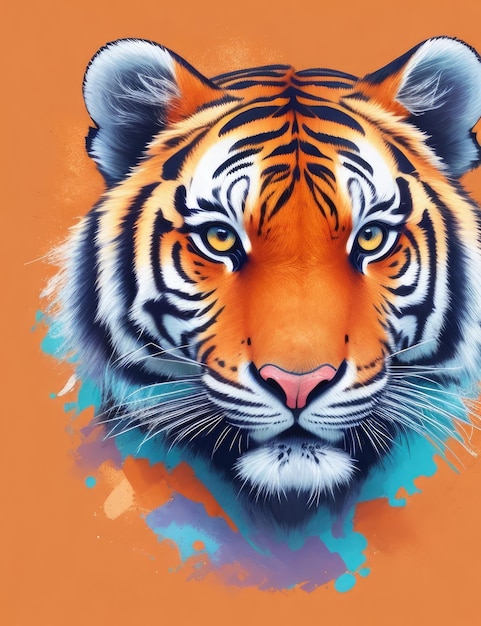 Foto tigre sobre fondo naranja pintura de acuarela