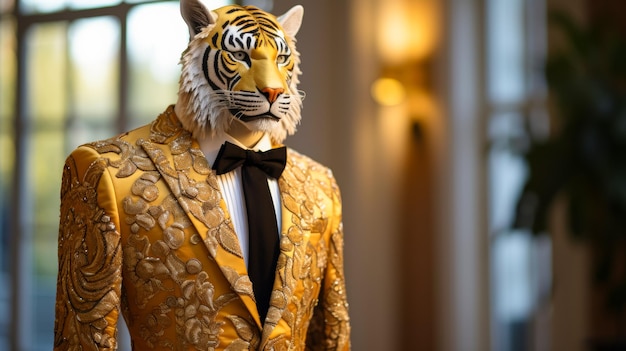 Foto un tigre sofisticado con una chaqueta de tabaco de terciopelo adornada con bordados dorados