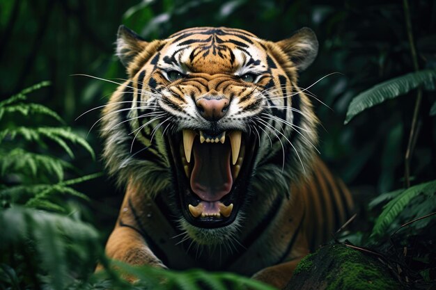 Tigre de Sumatra con la boca abierta