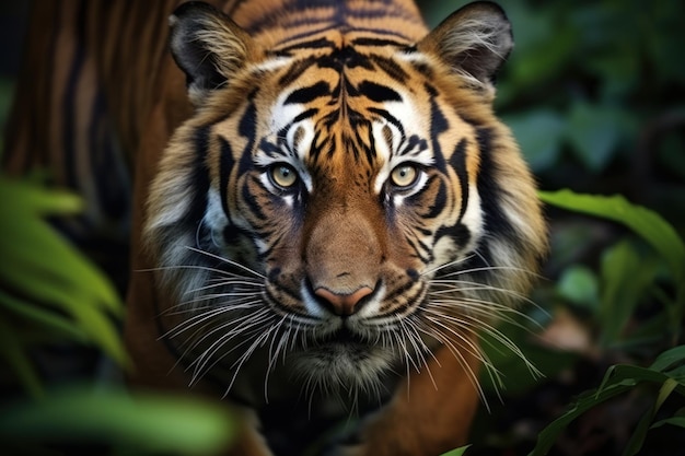 Tigre de Sumatra en el fondo del bosque acechando a su presa hermoso tigre asiático
