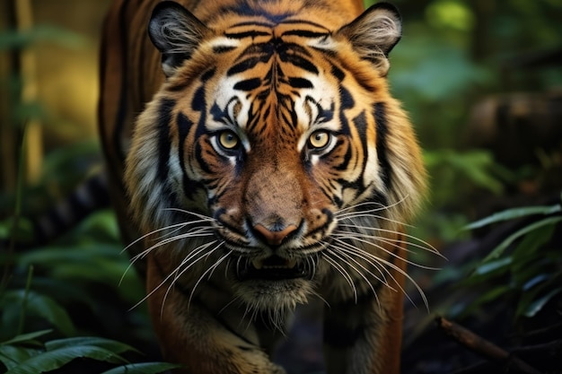 Tigre de Sumatra en el fondo del bosque acechando a su presa hermoso tigre asiático