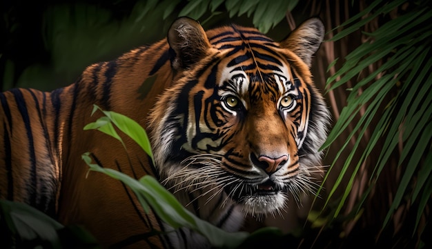 Tigre de Sumatra mirando a la cámara Tigre caminando en la conservación del bosque tropical ai generativo