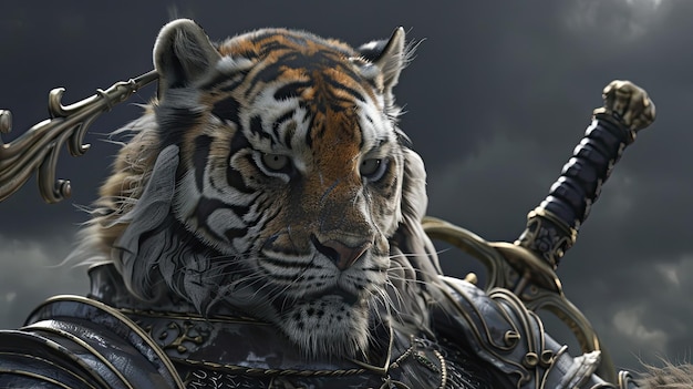 Tigre en un traje de caballero caballero tema medieval melena mascota animal salvaje surrealismo primer plano gran gato traje sesión de fotos para mascota Presentación de orgullo y grandeza concepto Generativo por IA