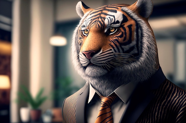 Tigre en traje de negocios en la oficina de cerca