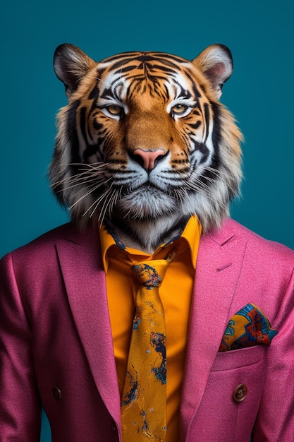 Un tigre con un traje rosa y una camisa rosa.