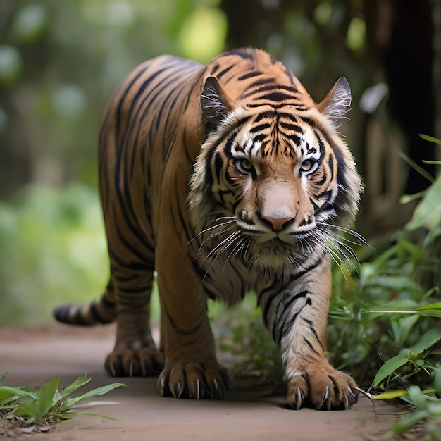 Foto tigre verde com listras roxa e cara de pavo e rabo de gato generado por la ia