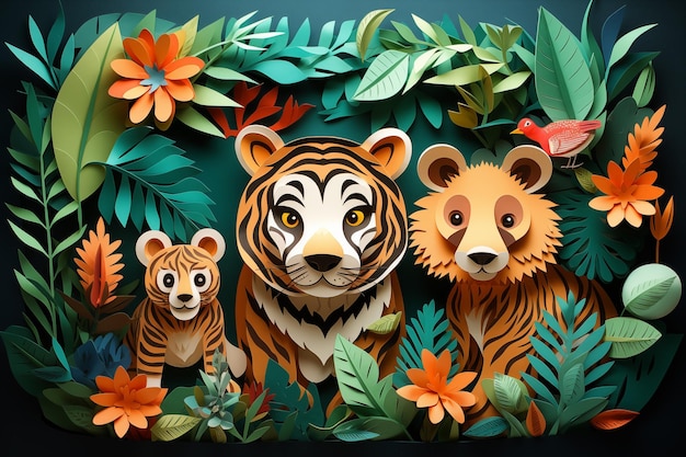 Tigres en el bosque de papel cortado efecto en tono brillante