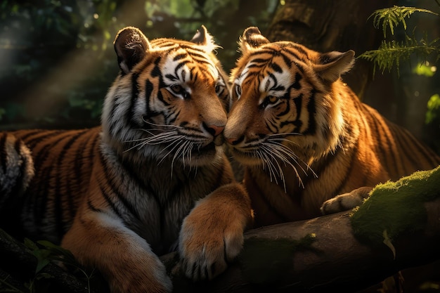 Tigres lambendo um ao outro belo fundo floresta fundo ai gerado