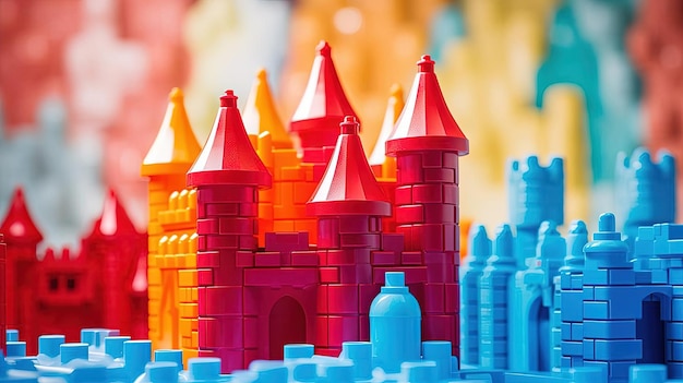 Foto tijolos de plástico coloridos compõem castelos modelo no estilo de atmosfera lúdica