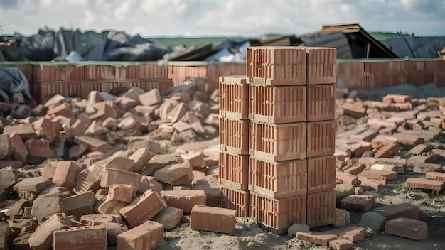 Foto tijolos empilhados e espalhados na zona de construção conceito de zona de construção tijolos empalhados tijolos espalhados