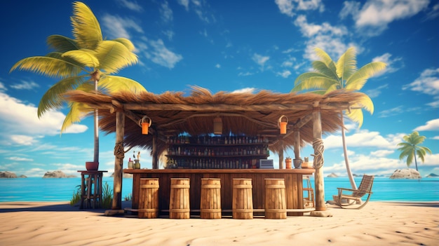 Tiki bar en la playa con una palmera en la parte de atrás