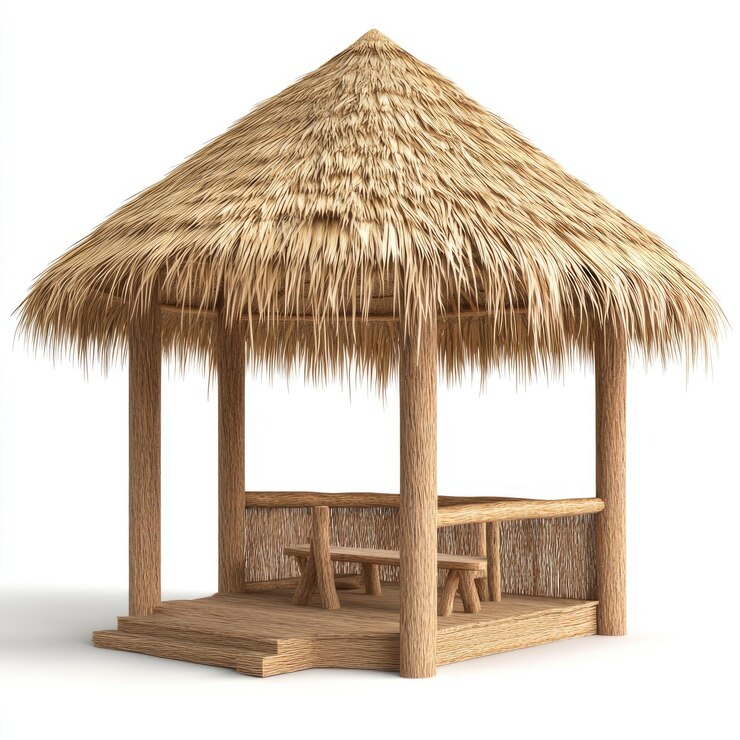 Foto tiki hut rendering 3d de pavilhão de palha em fundo branco para vibes de férias tropicais