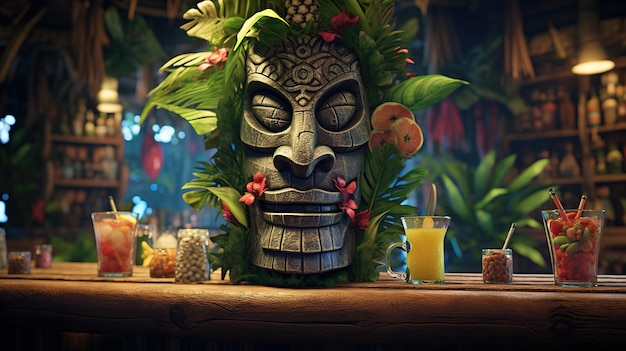 Tiki tropical num bar de uma ilha