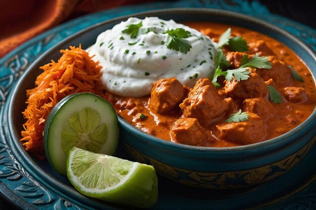 Foto tikka masala de frango com um lado de raita de pepino