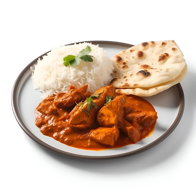 Tikka masala de frango indiano com arroz e naan em fundo branco