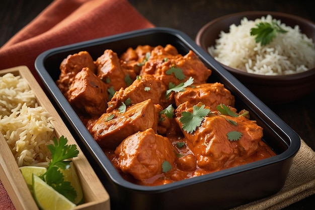 Foto tikka masala de frango servido em uma caixa de bento moderna