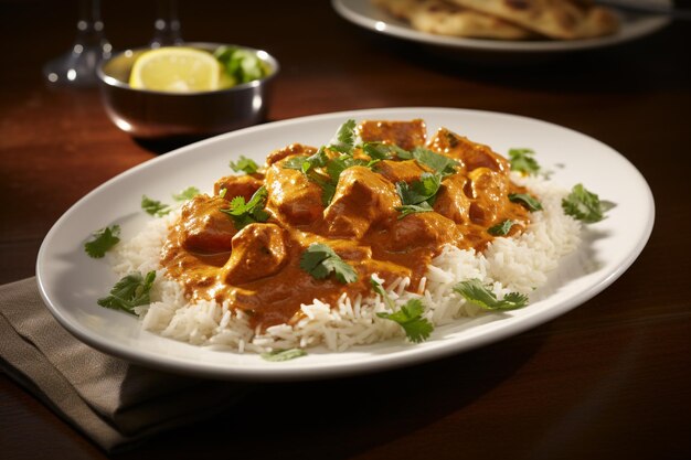 Un tikka masala hermosamente presentado con cilantro fresco y limón en rebanadas