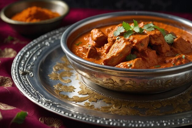 Tikka masala de pollo servido en un plato redondo de plata