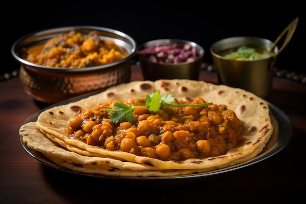 Foto tikona paratha ou parotha triangular com chole ou choley ou chana masala