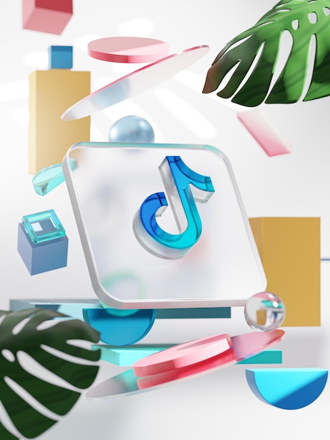 TikTok Icon Geometrische Formen mit Glassmorphism Square Glass und Monstera Leaf 3D Render