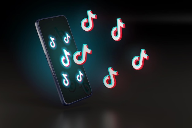 Tiktok-Symbol, das aus dem Bildschirm eines Mobiltelefons kommt. 3D-Darstellung.