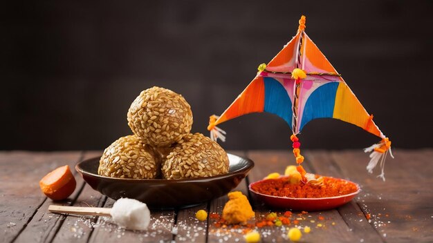 Foto til gul ou doce sésamo laddu com miniatura fikri e modelo de papagaio com haldi kumkum e cristal de açúcar