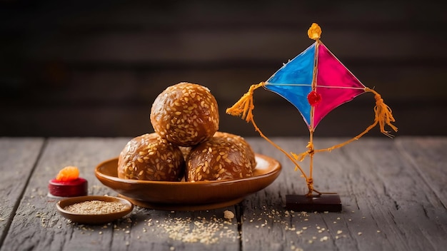 Foto til gul ou doce sésamo laddu com miniatura fikri e modelo de papagaio com haldi kumkum e cristal de açúcar