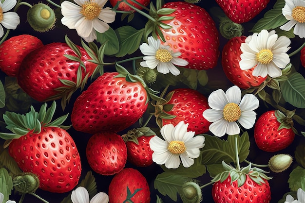 Tile Nahtloser Hintergrund mit Erdbeeren und Gänseblümchen Generative KI