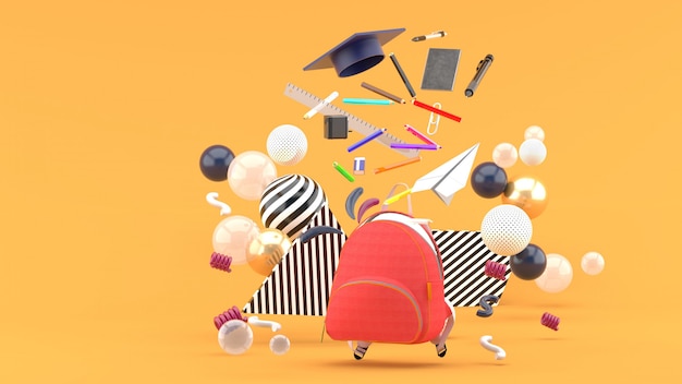 Útiles escolares Flotando de una mochila escolar en medio de bolas de colores sobre una naranja. Render 3d