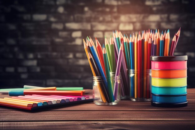 Útiles escolares en mesa de madera lápices de colores ai generativo