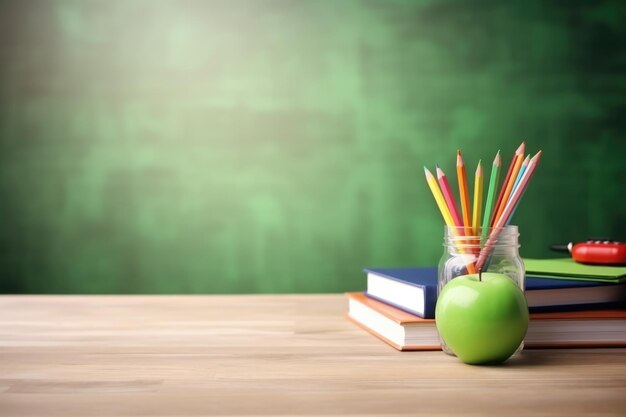 Útiles escolares sobre una mesa de madera en un interior cálido