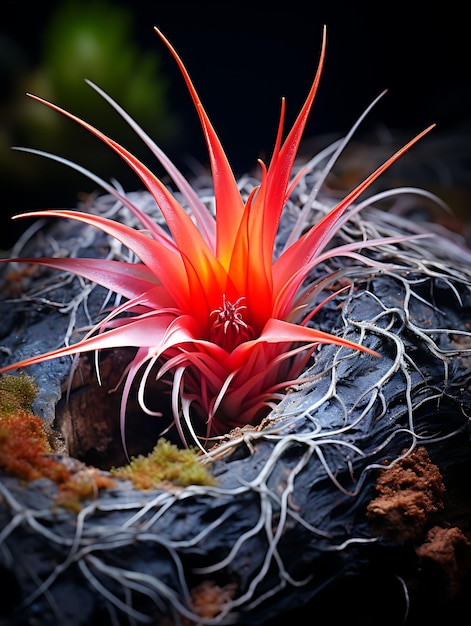 Tillandsia enclavado en una grieta colores de contraste vibrantes Len Ilustración hiperrealista Arte fotográfico