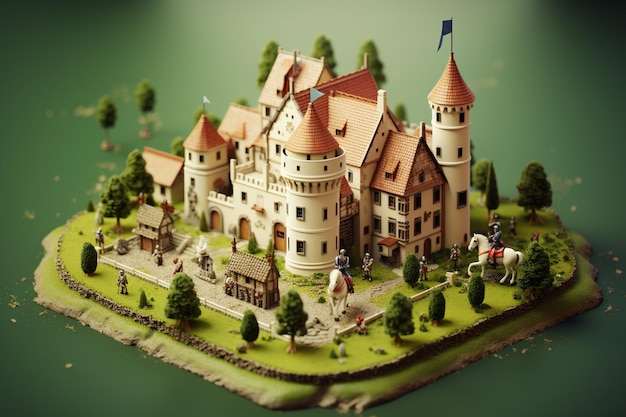 Tilt Shift isometrisches Miniaturdiorama eines mittelalterlichen