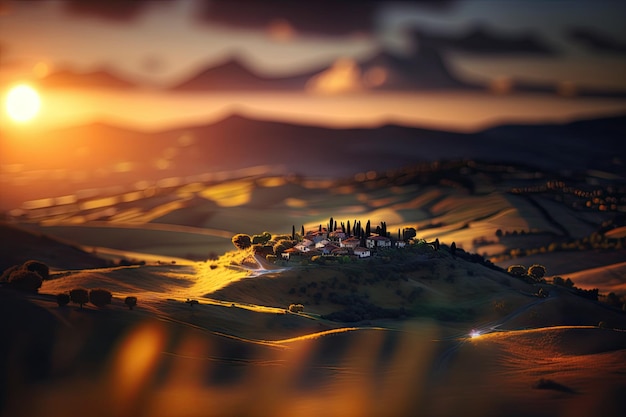 Tilt shift Toscana paisagem deslumbrante pôr do sol lindo Generative AI AIG15