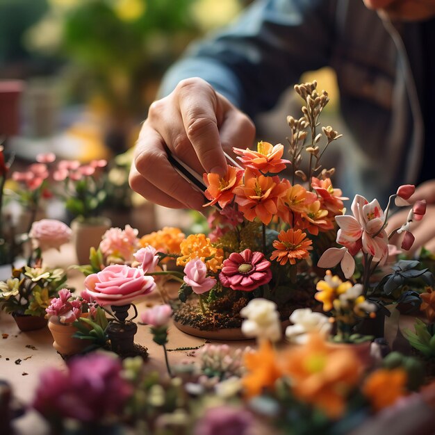 TiltShift-Fotoshooting Schönheit und Kreativität eines Floristen, der Blumensträuße arrangiert, aufgenommen mit