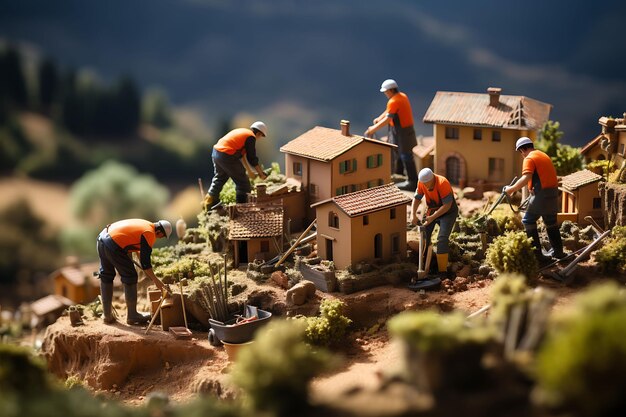 Foto tiltshift-landschaftsfotoshooting-stil mit arbeitern und schönheitsszene, kreativer und einzigartiger bauernhof