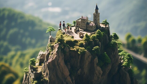 Foto tiltshiftdos personas escalando una montañacine luzminiaturacastillo muy detallado en una miniatura