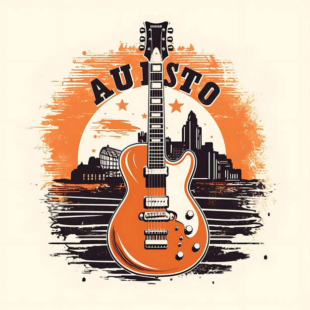 Timbre de austin com guitarra de cor laranja monocromática e chapéu de cowboy de scribbles clipart tshirt art