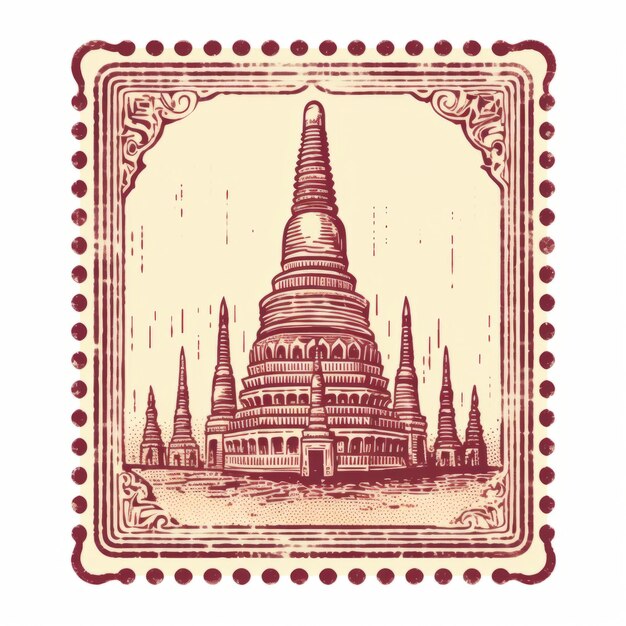 Timbre vintage com contornos gráficos do templo e ilustração nostálgica