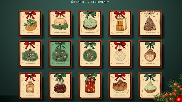 Timbres postais de Natal com símbolos festivos e elementos de decoração para envelopes