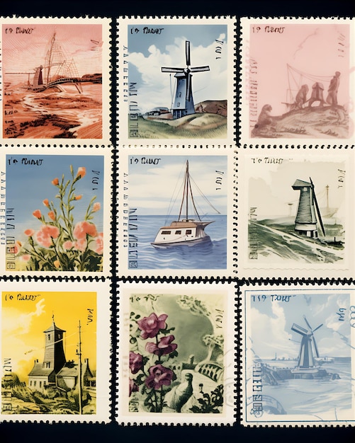 Timbres postais holandeses com vários elementos