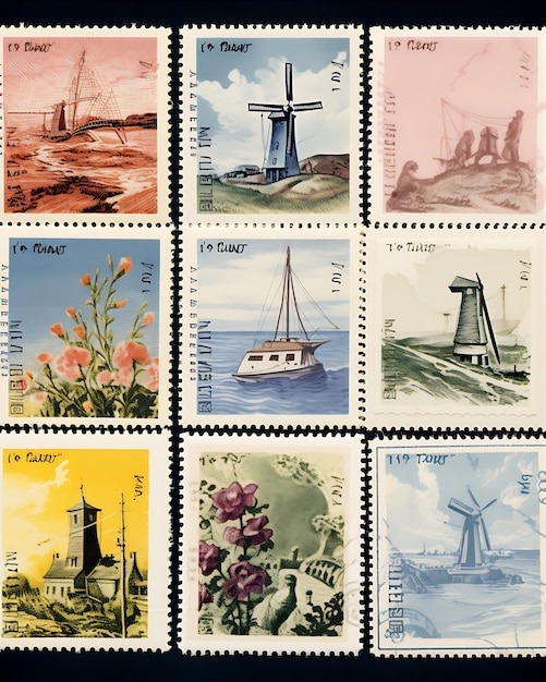 Timbres postales holandeses con varios elementos