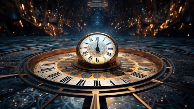 Time Echoes Esta obra de arte retrata magistralmente un reino surrealista donde una variedad de esferas de reloj y relojes de arena de intrincados diseños convergen creando una fascinante sinfonía de patrones repetitivos.