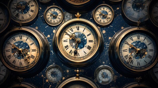 Time Echoes Esta obra de arte retrata magistralmente un reino surrealista donde una variedad de esferas de reloj y relojes de arena de intrincados diseños convergen creando una fascinante sinfonía de patrones repetitivos.