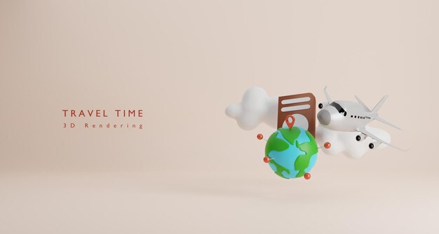 Time-to-Travel-Konzept im 3D-Cartoon-Stil mit Koffer und Reiseaccessoire3D-Rendering