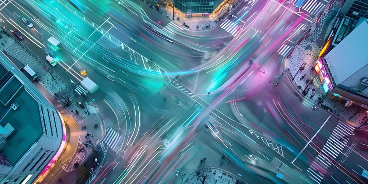 Foto timelapse de tráfego da cidade a partir de um ponto de vista alto com espaço de cópia disponível conceito paisagem da cidade timelapse do tráfego de alto ponto de vantagem meio ambiente urbano
